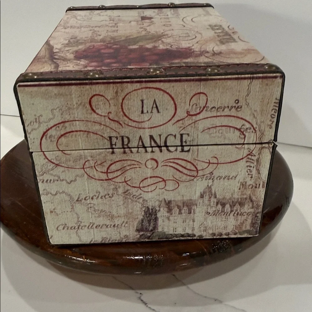 France Wine Country-Themed Decorative Wooden Storage Box, Faux Leather Straps